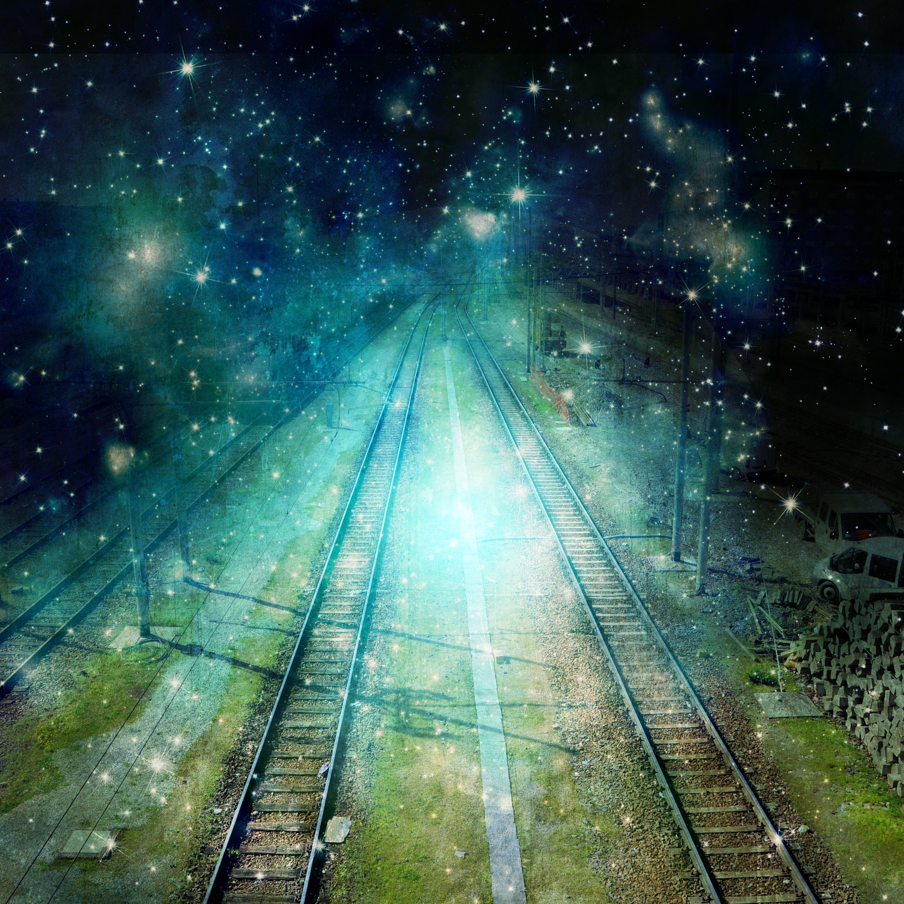 Surreal train tracks go towards the night with star light effect.